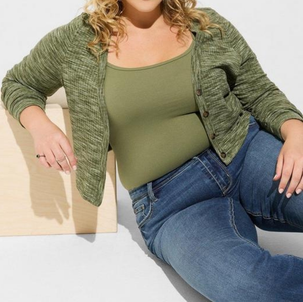 Torrid plus v neck button down ribbed crop knit sweater, 2XL, green - Picture 1 of 11